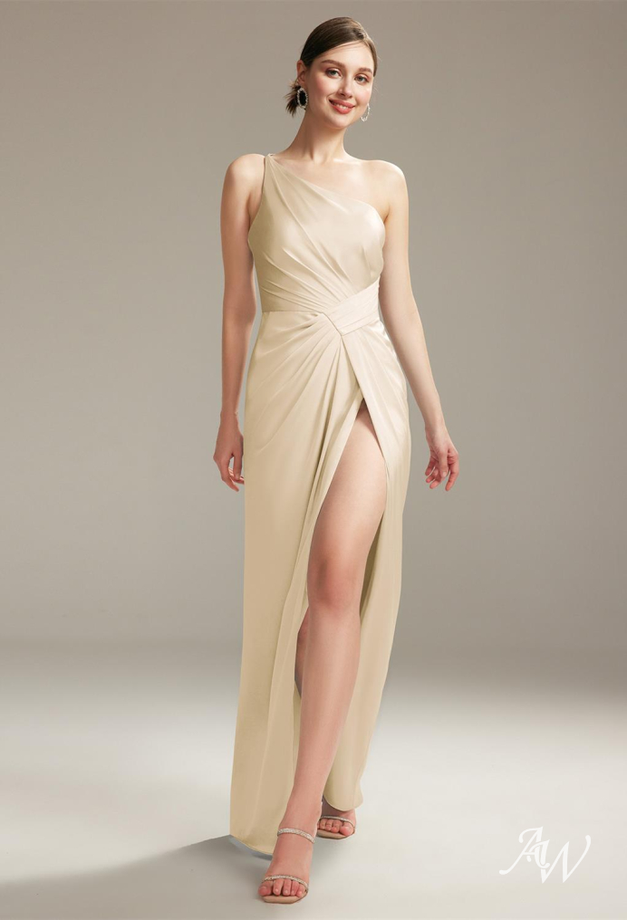 champagne one shoulder dresses bridesmaid