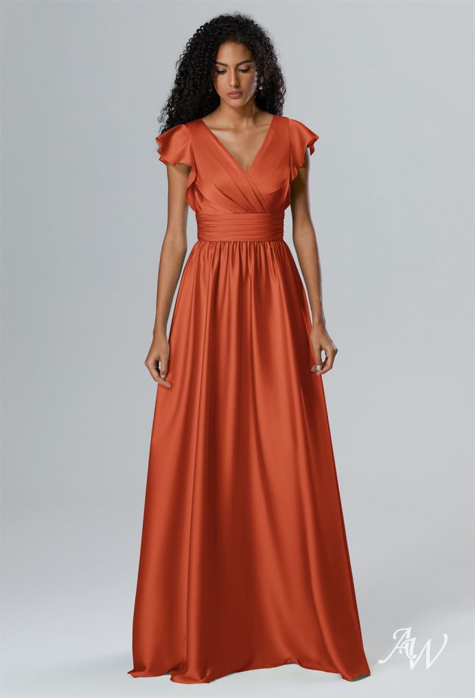 AW Willow Dress, Tangerine Crystal Satin Satin Charmeuse Floor Length  V-Neck Bridesmaid Dresses | AW.Bridal