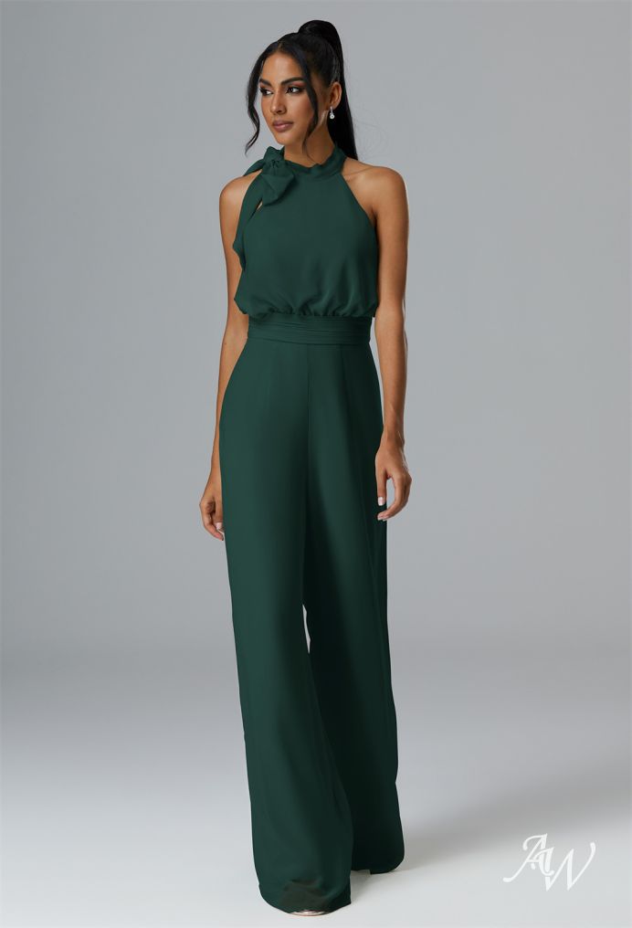 AW Rosalie Jumpsuit Dark Emerald Chiffon Floor Length Halter Neckline Bridesmaid Dresses AW.Bridal