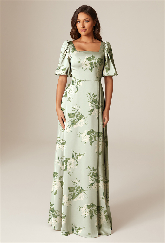 The classic sage dress features a timeless hue with delicate floral patterns.