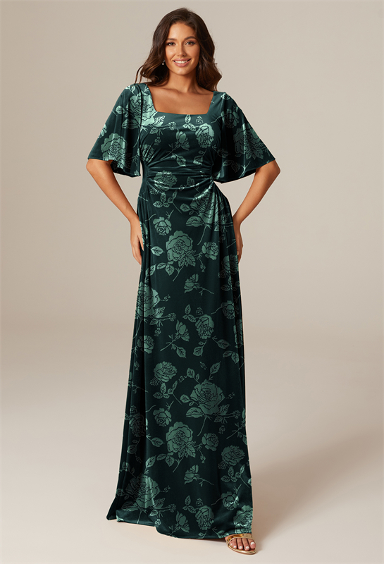 An emerald floral dress with flutter sleeves and a square neckline.