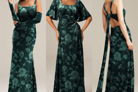 Three models showcasing different styles of emerald floral dresses.